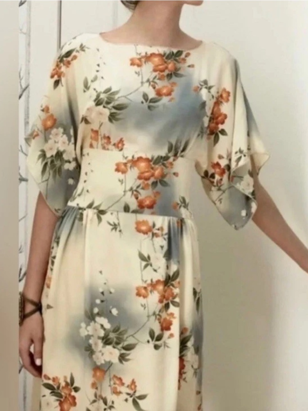 Anthropologie x Anna Sui Cream Midi Silk Dress with Orange Floral Print sz 12